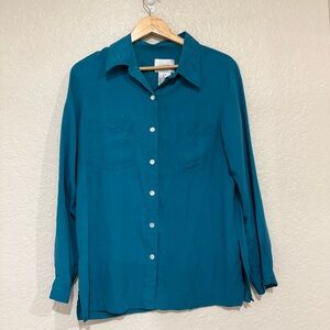 Vintage Lizden Teal Button Down Shirt 100% Silk Size M 90s Lagenlook Old Money